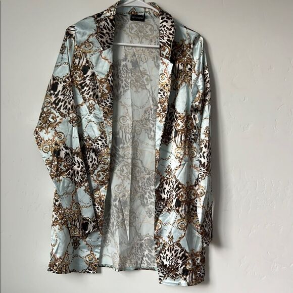 Pretty Little Thing Chain Leopard Satin Blazer Blue US Size 2 - Picture 1 of 4